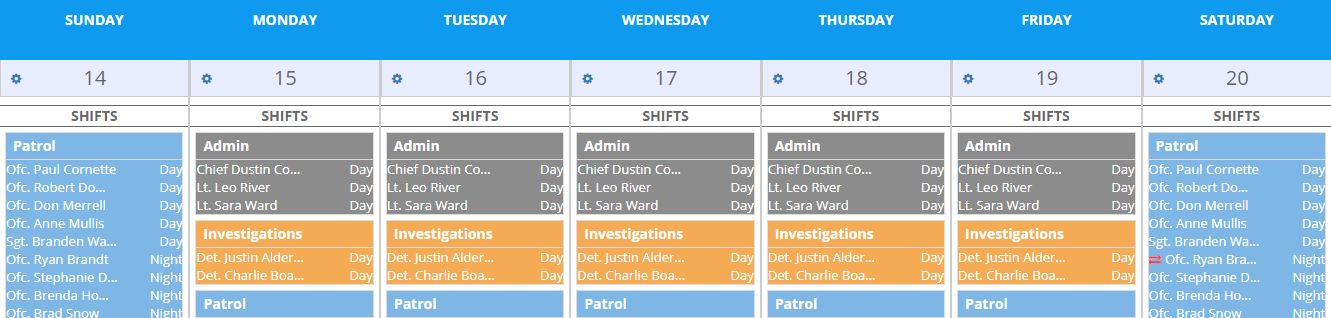 One week schedule view in PlanIt Police Scheduling Software. 